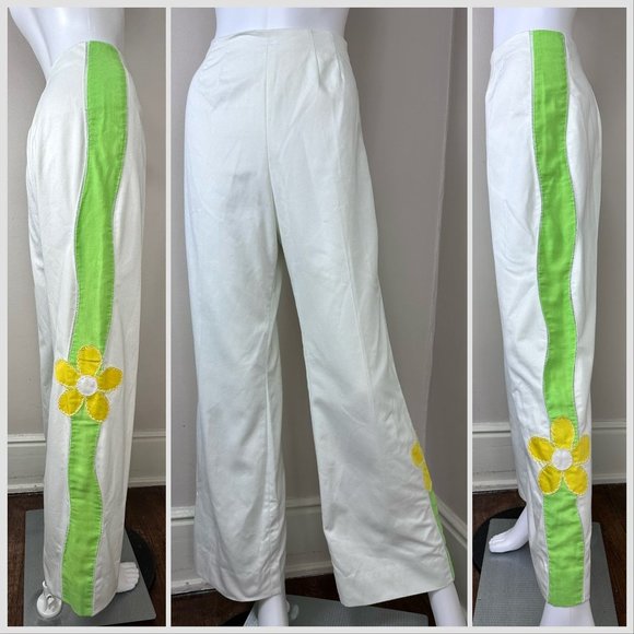 Vintage 1960s/70s White Flower Pants, Size S/M, Straight Leg, High Rise Back Zip